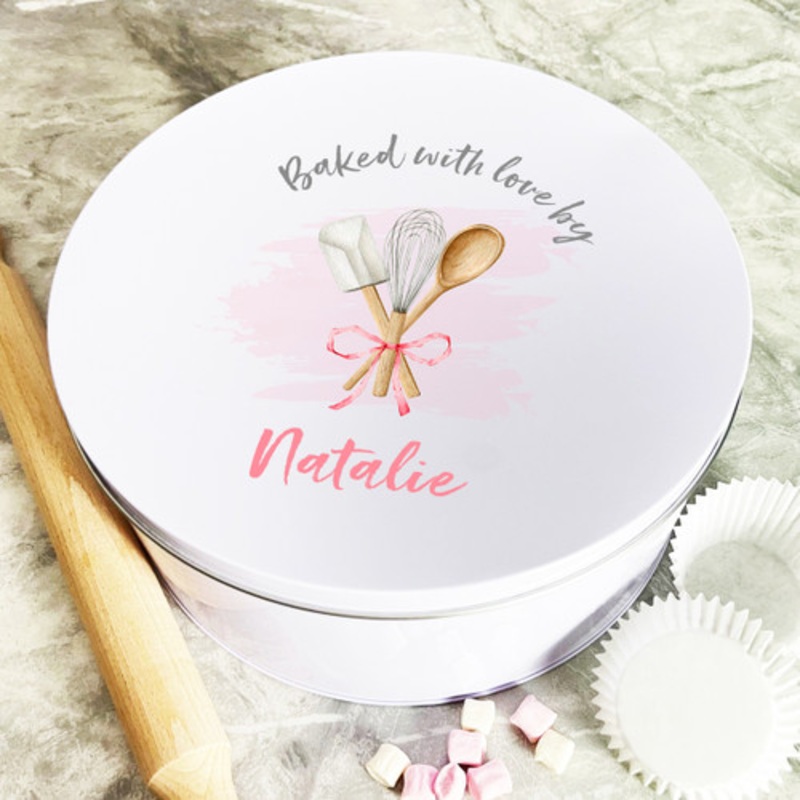 Personalised Round Pink Baked With Love Biscuit Baking Treats Cake Tin – The Card Zoo