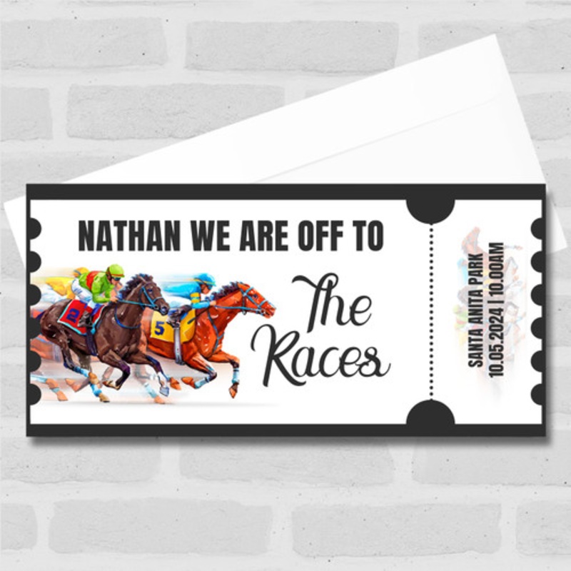Racing Horses We’re Off To The Races Personalised Surprise Ticket Gift Voucher – The Card Zoo