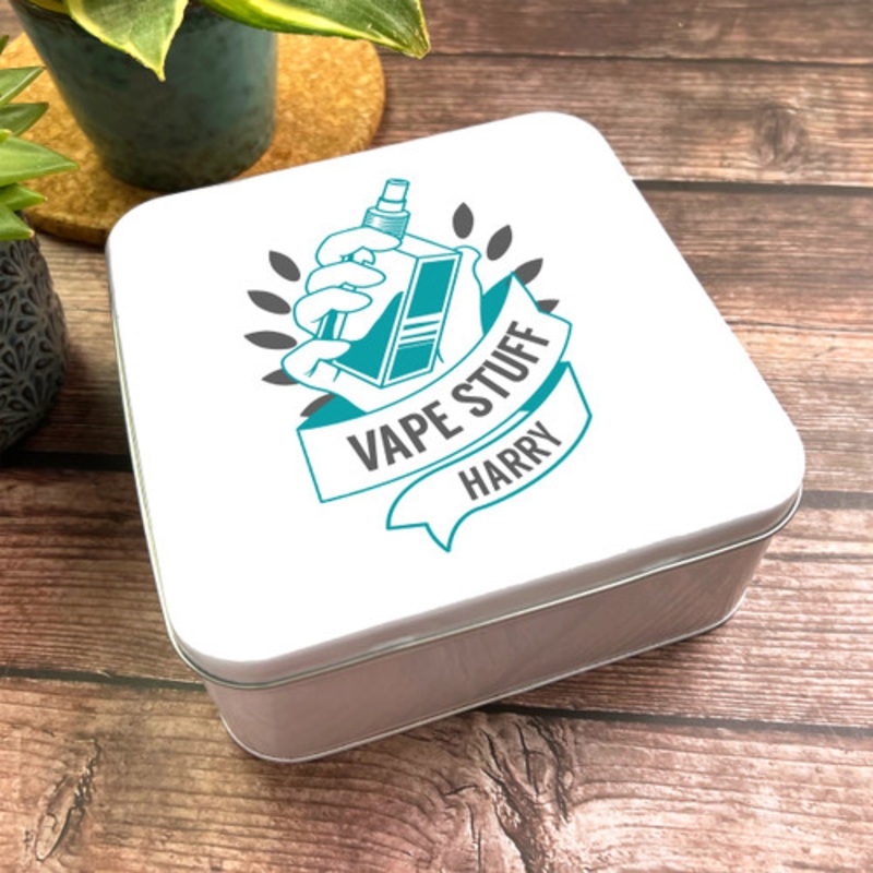 Square Vapers Stuff Blue Holding Vape In Hand Personalised Tin – The Card Zoo