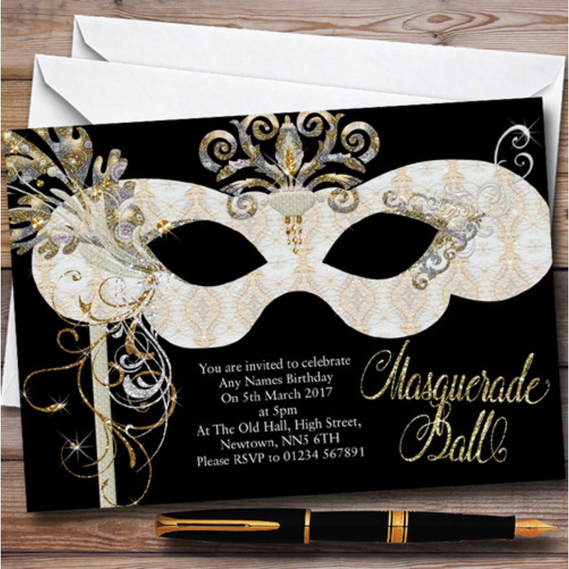 White and Gold Masquerade Ball Personalised Party Invitations – The Card Zoo