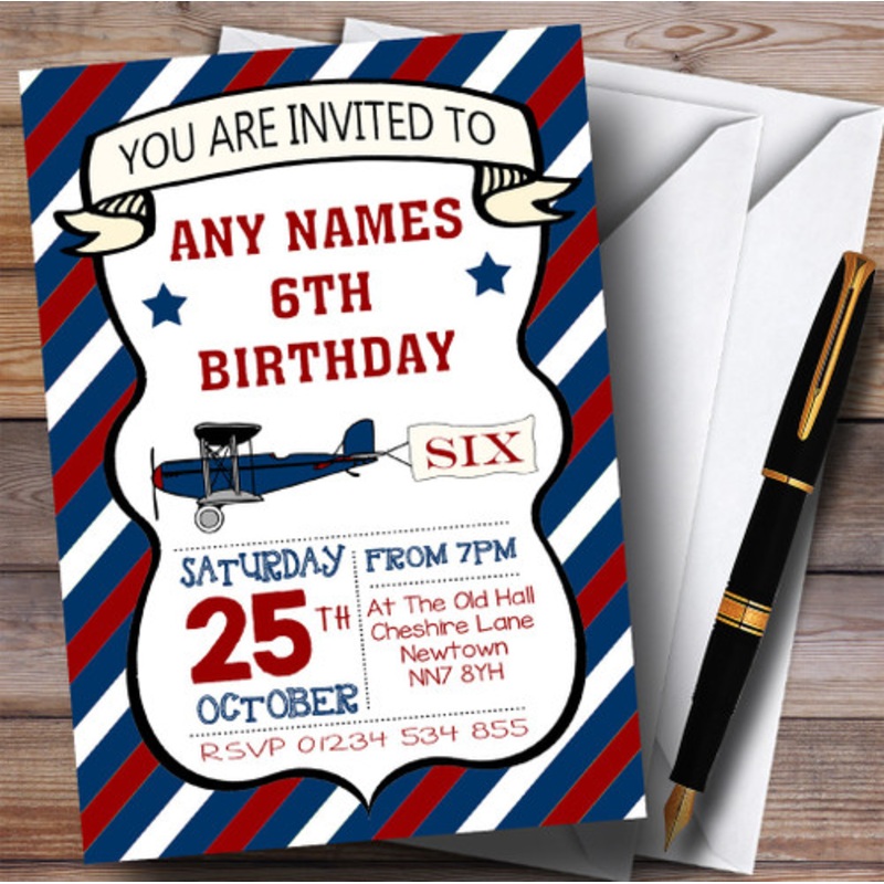 Blue and Red Vintage Plane Children’s Birthday Party Invitations – The Card Zoo