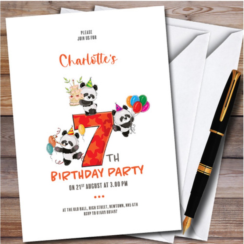 Cute Panda Bears 7th Personalised Children’s Kids Birthday Party Invitations – The Card Zoo