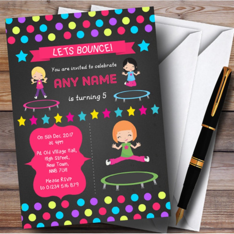 Girls Chalk Polkadot Trampoline Children’s Birthday Party Invitations – The Card Zoo