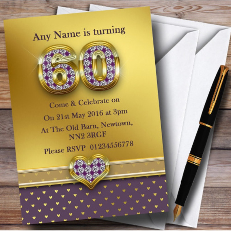Gold Satin And Purple Hearts 60th Personalised Birthday Party Invitations – The Card Zoo