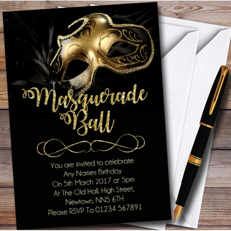 Golden Glitter Mask Masquerade Ball Personalised Party Invitations – The Card Zoo