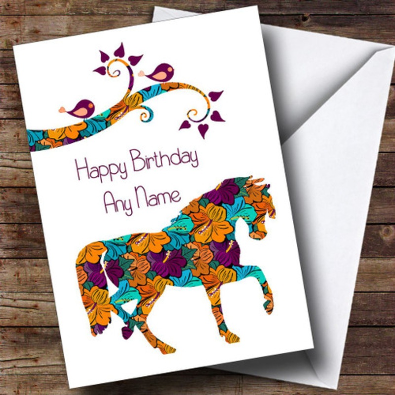 Orange and Purple Floral Horse Personalised Birthday Card – The Card Zoo