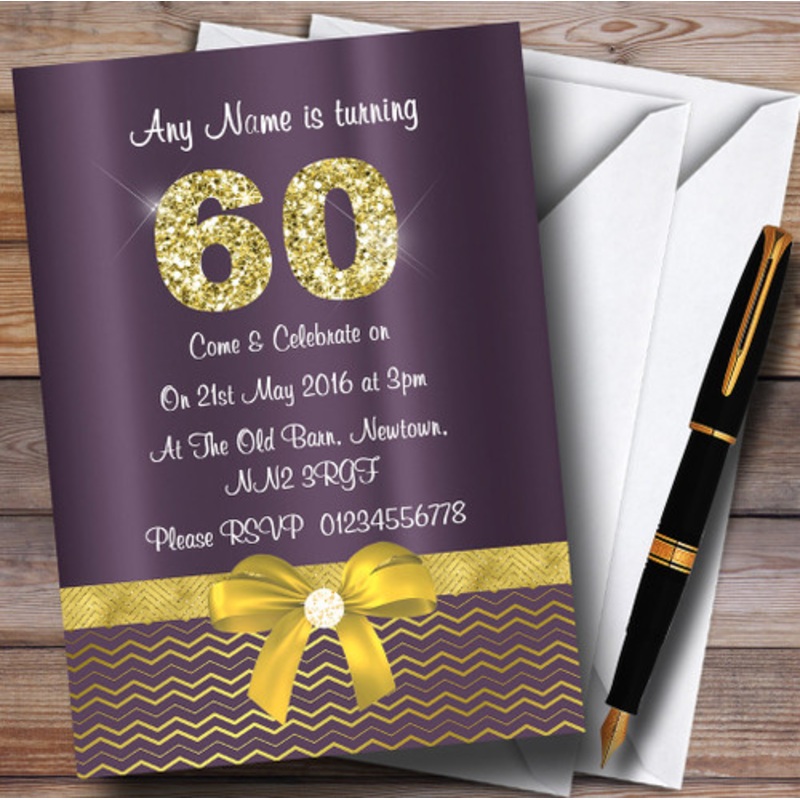 Purple Satin And Gold Bow 60th Personalised Birthday Party Invitations – The Card Zoo