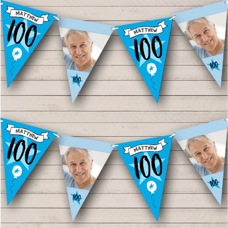 100th Birthday Male Blue Photo Star Banner Balloon Personalised Banner Bunting – The Card Zoo
