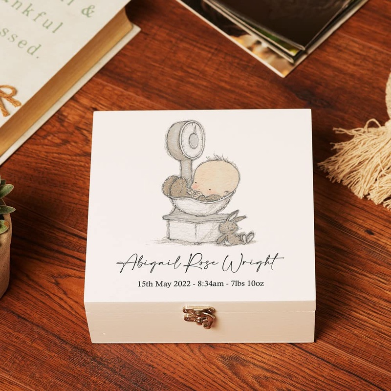 Personalised Cute Baby Wooden Keepsake Box Gift With Hand Drawn Elements