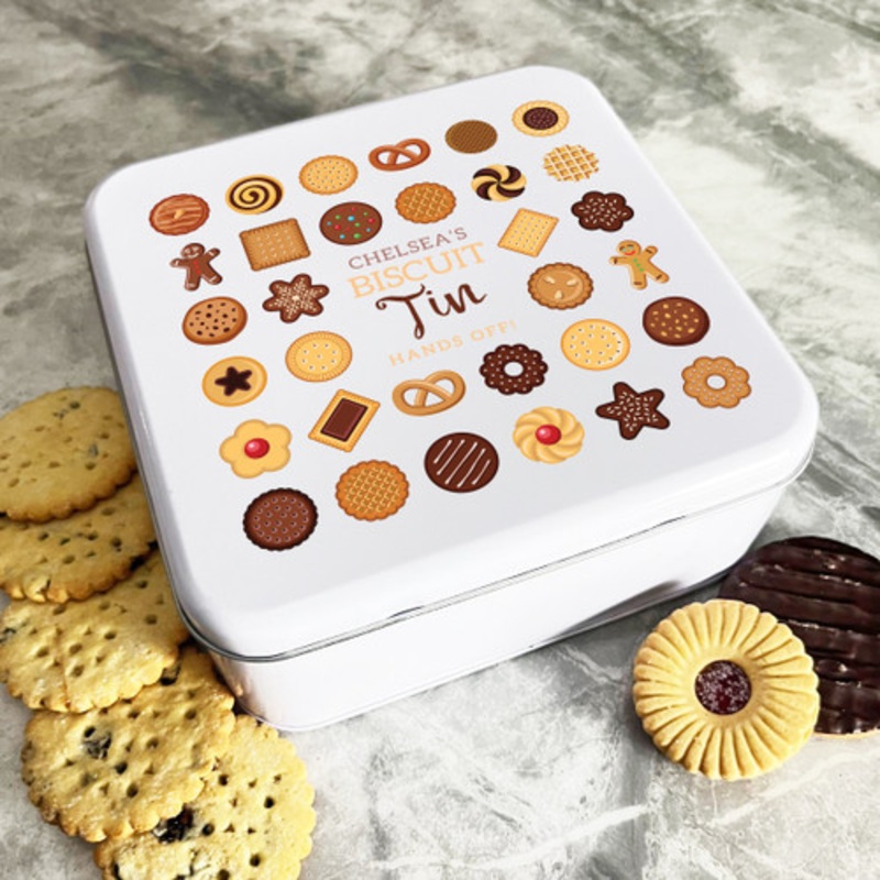 Personalised Square Assorted Biscuit Hands Off Cake Tin – The Card Zoo