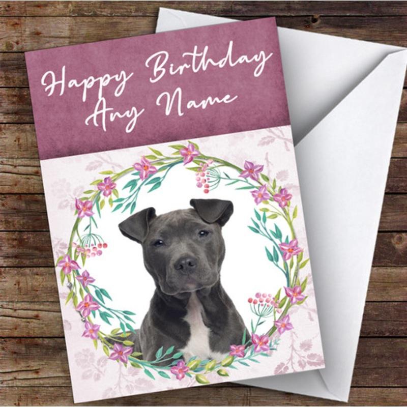 Staffordshire Terrier Dog Pink Floral Animal Personalised Birthday Card – The Card Zoo