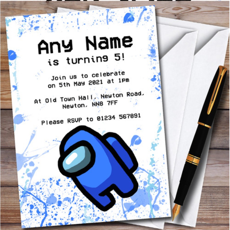 Among Us Blue Splatter Art Personalised Children’s Birthday Party Invitations – The Card Zoo