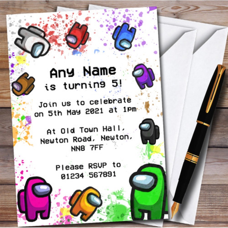 Among Us Characters and Pets In Space Splatter Art Birthday Party Invitations – The Card Zoo