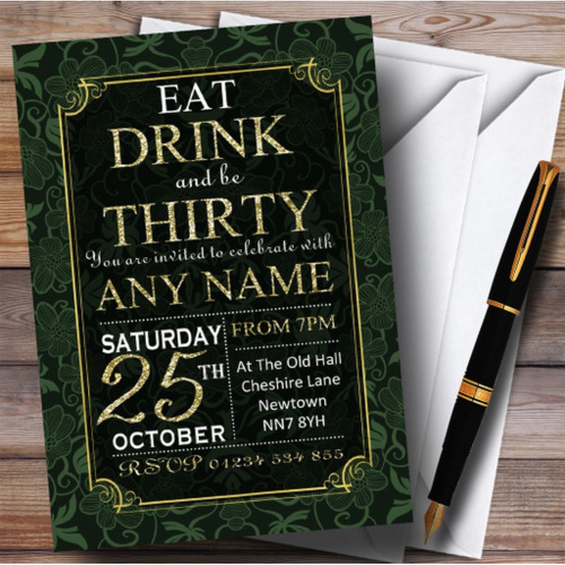 Green and Gold Flowers 30th Personalised Birthday Party Invitations – The Card Zoo