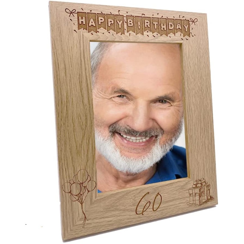 60th Birthday Photo Frame Portrait Wooden Engraved Bunting Style Gift
