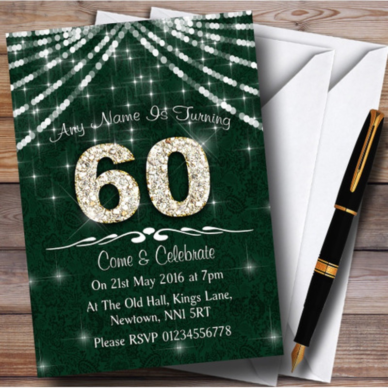 60th Green and White Bling Sparkle Birthday Party Personalised Invitations – The Card Zoo