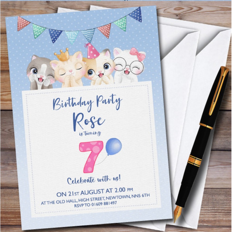 Kittens Cats 7th Personalised Children’s Kids Birthday Party Invitations – The Card Zoo