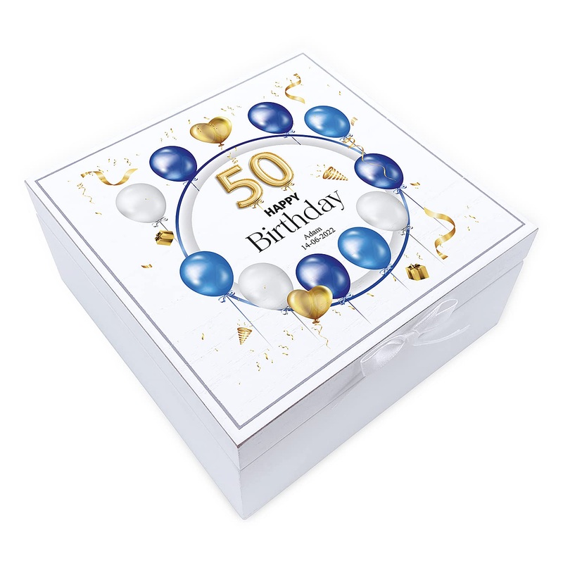 Personalised 50th Birthday Vintage Wooden Box Gift With Blue Balloons