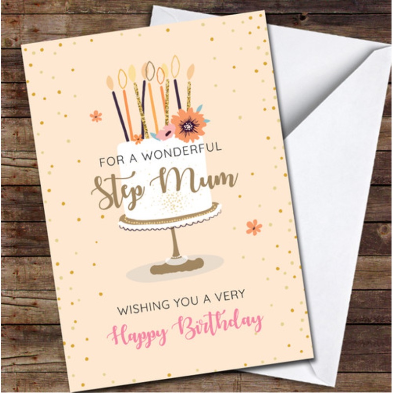 Stepmum Birthday Cake Celebration Peach Gold Floral Personalised Birthday Card – The Card Zoo