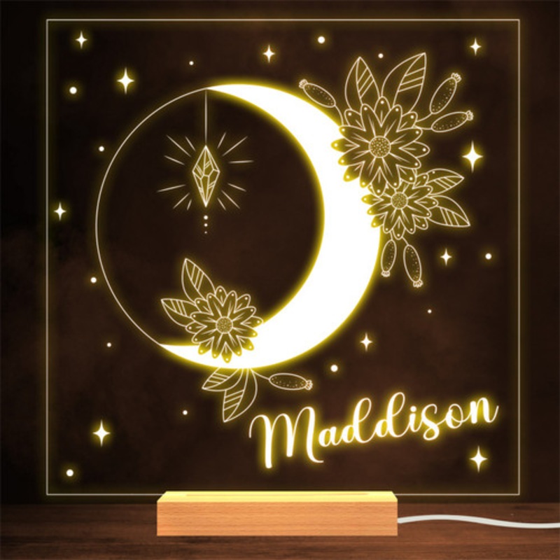 Moon Crystal Flowers With Stars Name Square Personalised Gift Lamp Night Light – The Card Zoo