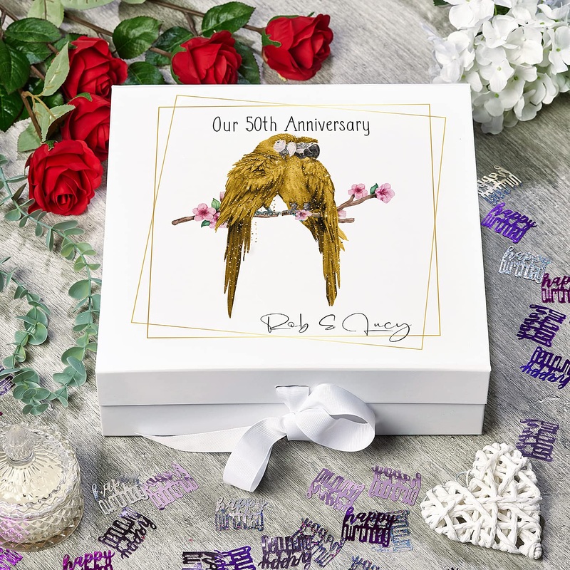 Personalised Large Our 50th Anniversary Keepsake Memory Box Gift With Golden Parrots