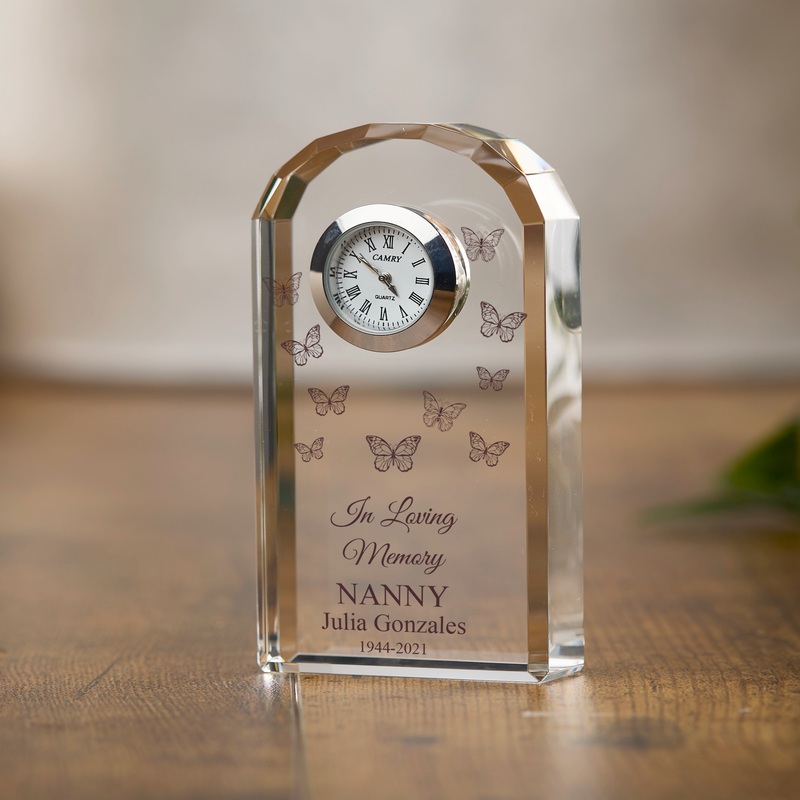 Personalised Nanny Condolence Gift Crystal Glass Clock With Butterflies