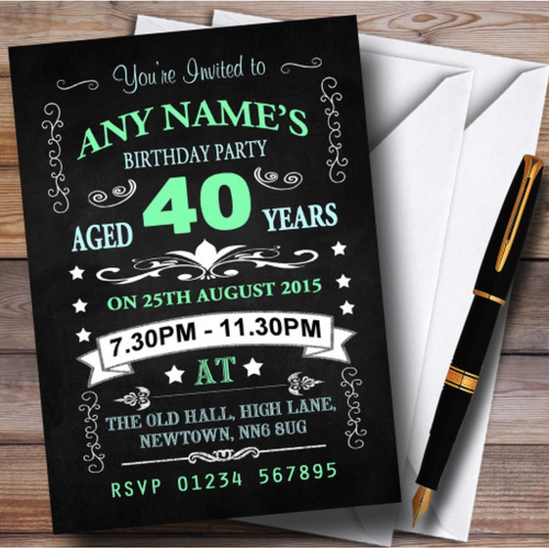 Vintage Chalkboard Style Green And Blue 40th Birthday Party Personalised Invitations – The Card Zoo