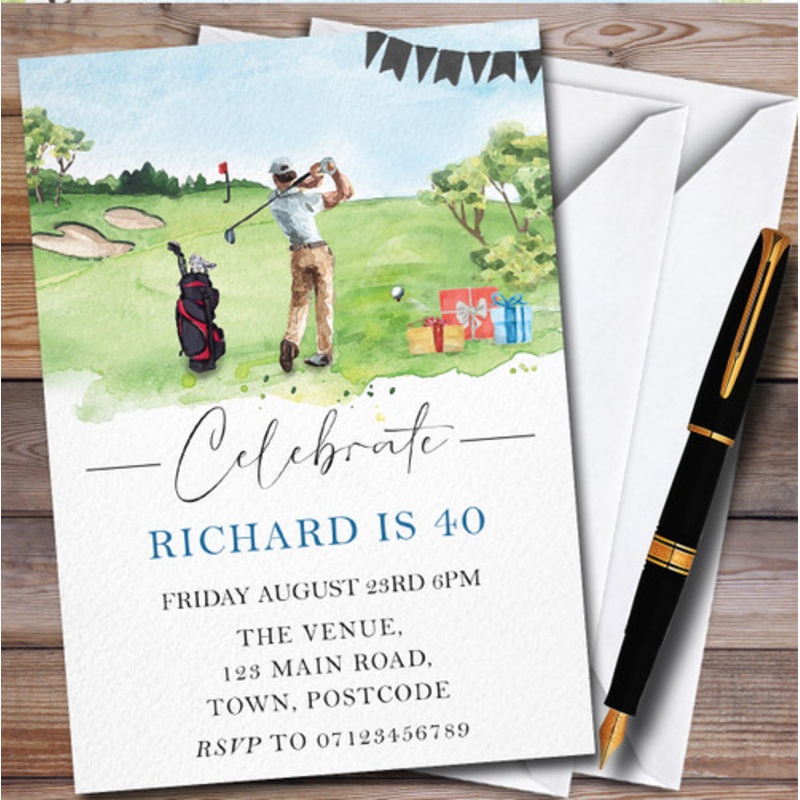 Watercolour Golfing Golf Course Personalised Birthday Party Invitations – The Card Zoo
