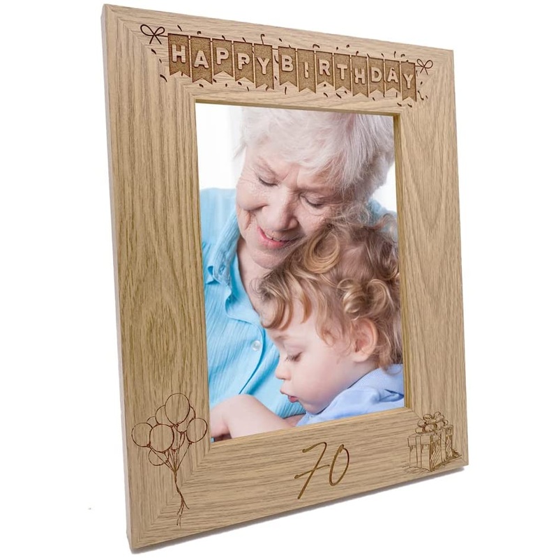 70th Birthday Photo Frame Portrait Wooden Engraved Bunting Style Gift