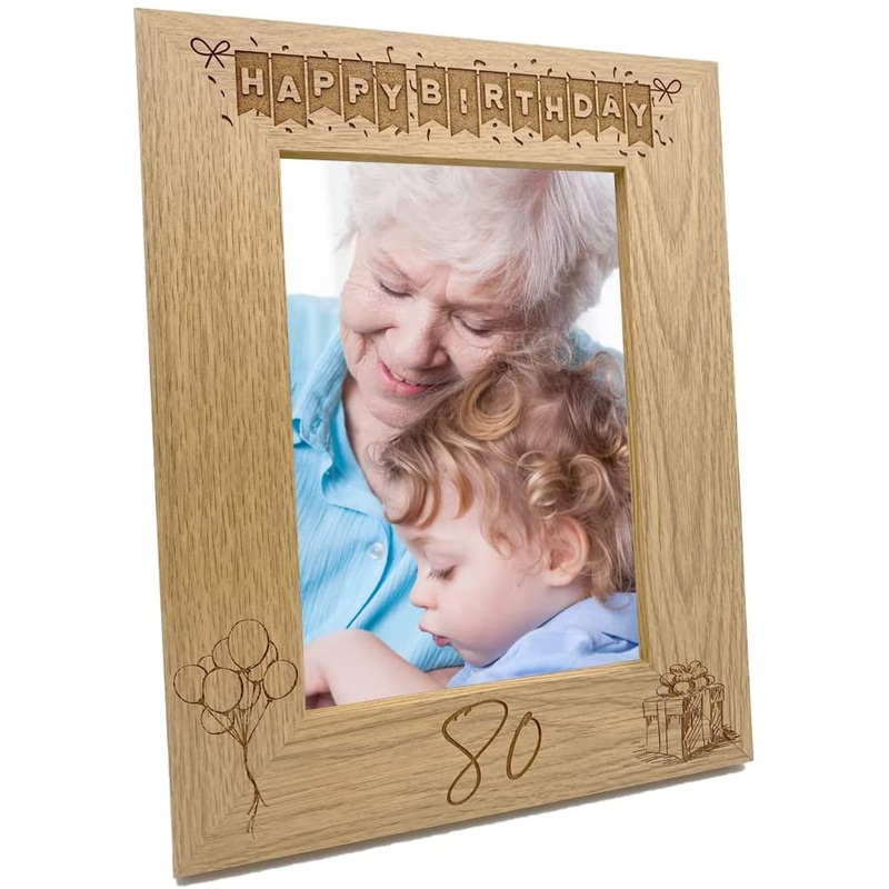 80th Birthday Photo Frame Portrait Wooden Engraved Bunting Style Gift