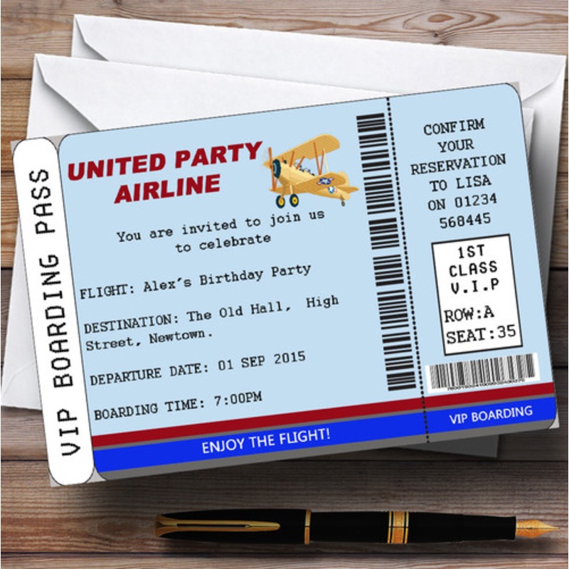 Blue Vip Plane Boarding Pass Ticket Theme Personalised Birthday Party Invitations – The Card Zoo