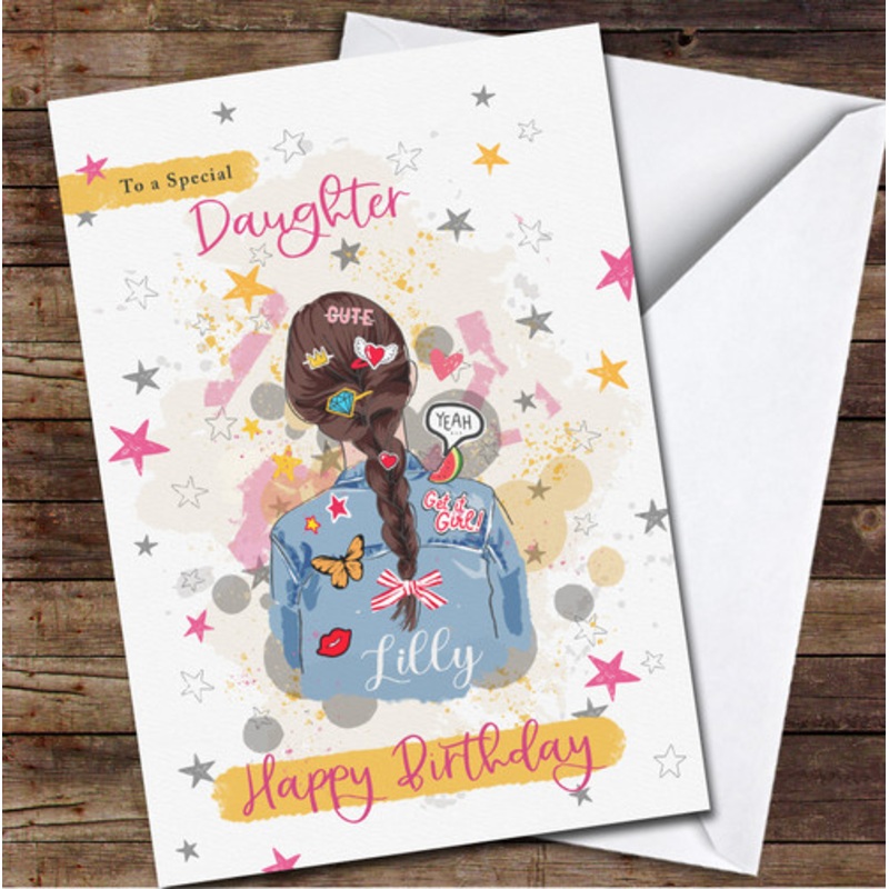 Daughter Brunette Hair Girl Jeans Jacket Peace Personalised Birthday Card – The Card Zoo
