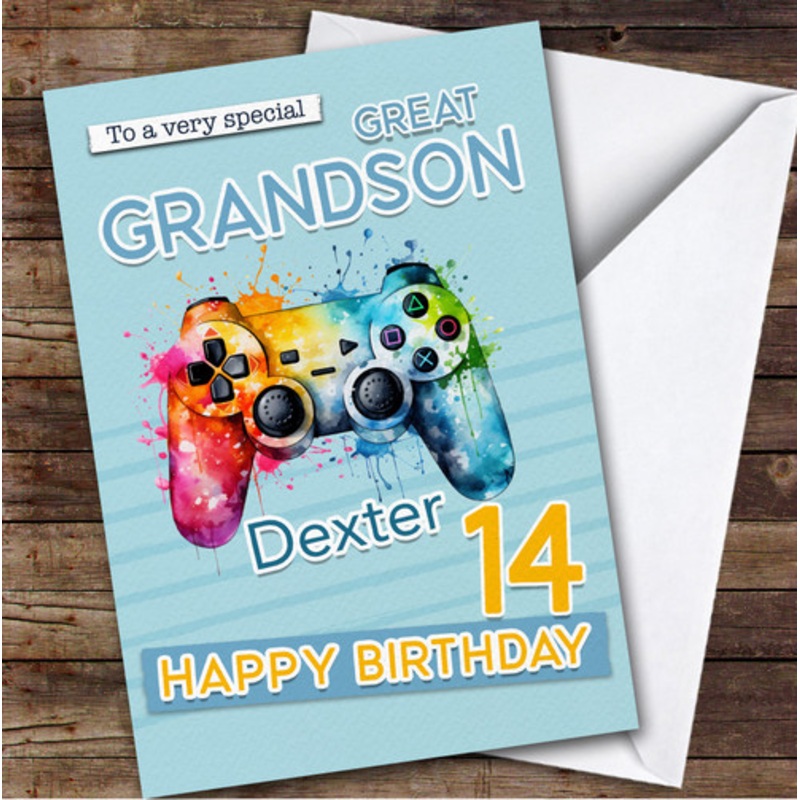Great Grandson 14th Gamepad Splash Gamer Teenage Boys Personalised Birthday Card – The Card Zoo