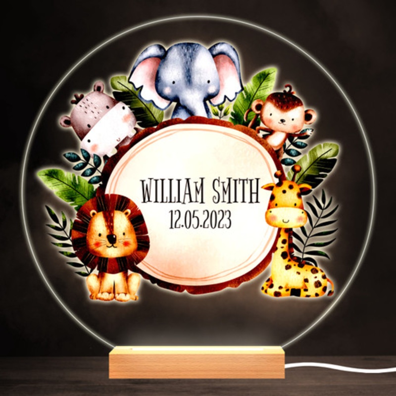 Watercolour Safari Jungle Animals Round Personalised Gift Lamp Night Light – The Card Zoo