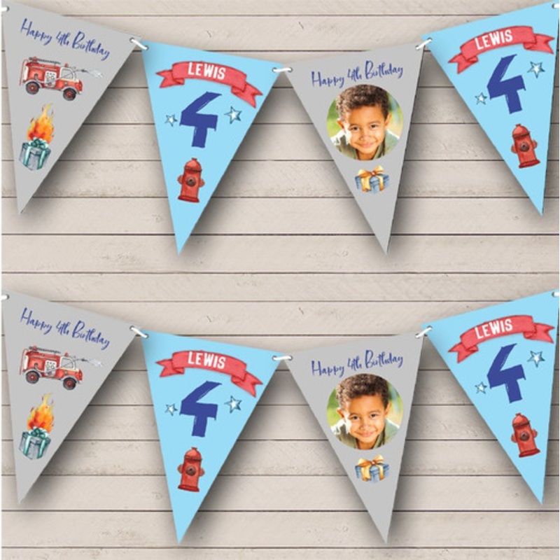 4th Birthday Boy Kids Fire Fighter Fire Truck Photo Any Age Personalised Bunting – The Card Zoo