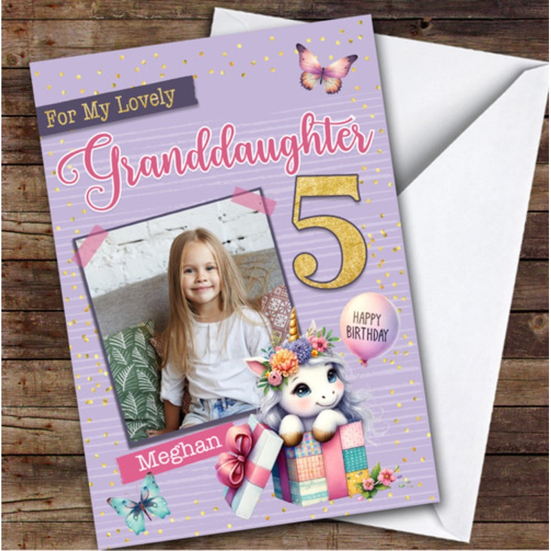 5th Granddaughter Purple Unicorn Photo Custom Personalised Birthday Card – The Card Zoo