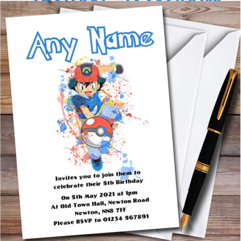 Ash Pokemon Splatter Art Personalised Children’s Kids Birthday Party Invitations – The Card Zoo