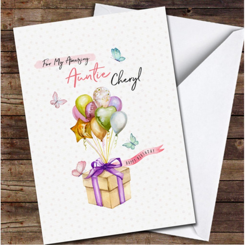Auntie Watercolour Balloons and Gift Box Pink Blue Personalised Birthday Card – The Card Zoo