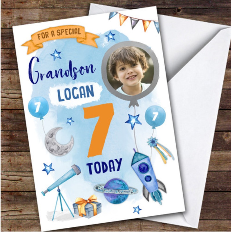 Boy’s Space Rocket Astronaut Photo Grandson 7th Birthday Personalised Card – The Card Zoo