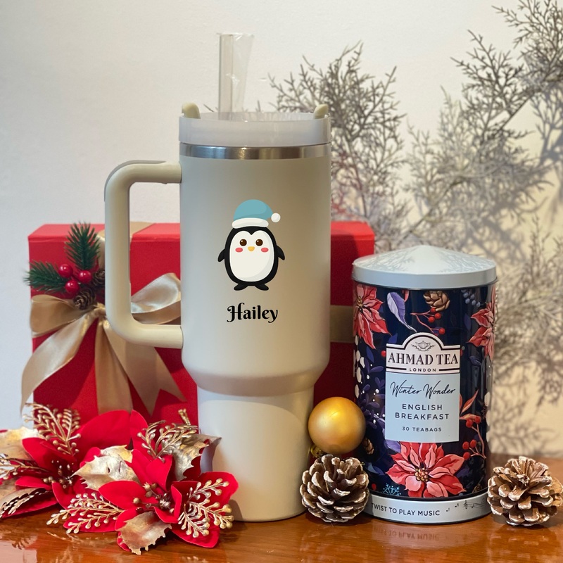 Christmas 2024 – Personalised Stainless Steel Tumbler with Handle and Straw and Ahmad Tea (Music Box Edition)