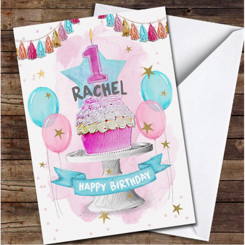 Pink Blue Cupcake and Balloons Children’s Age 1 First 1st Birthday Card – The Card Zoo