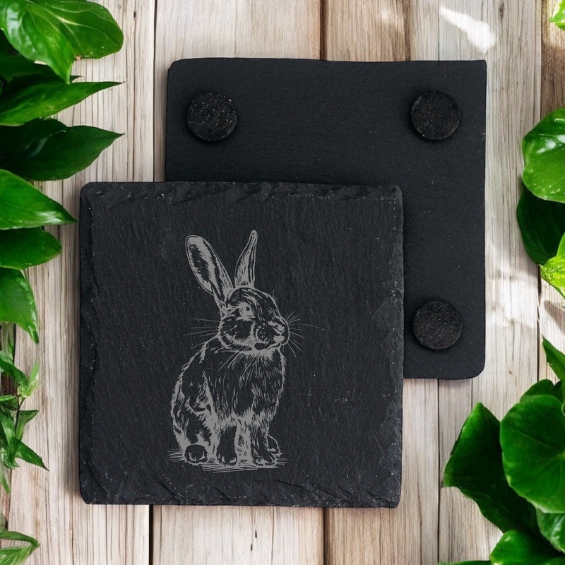 Set of 2 Bunny Engraved Slate Stone Drink Coasters