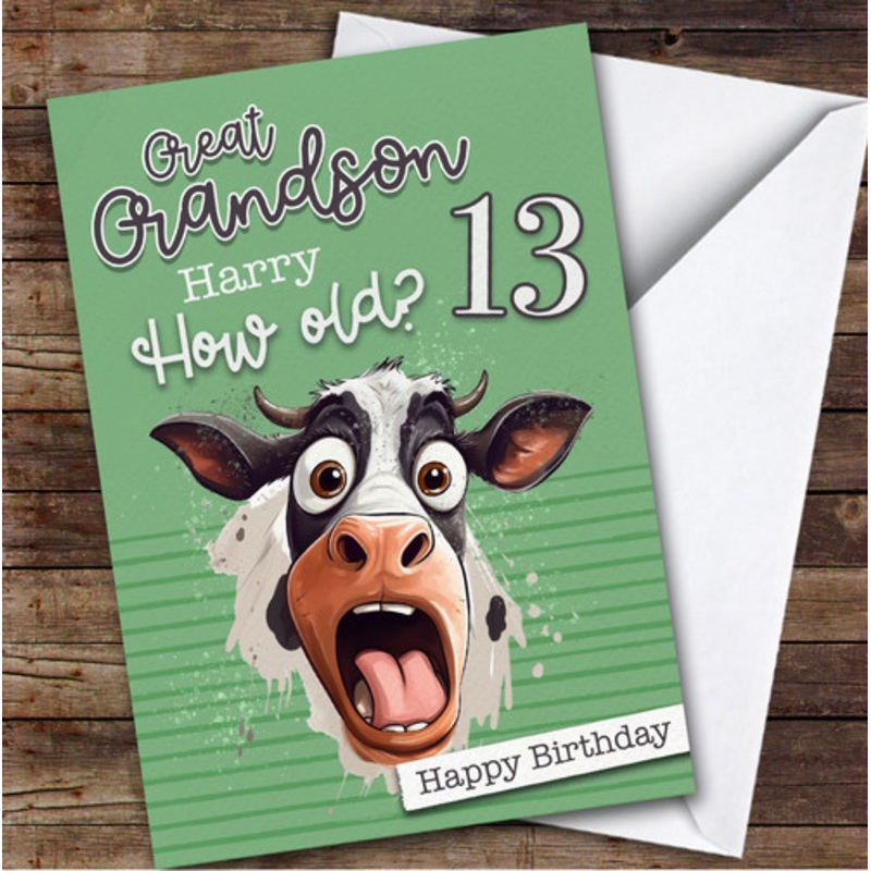 13th Great Grandson Green Funny Cow Teenager Boys Personalised Birthday Card – The Card Zoo