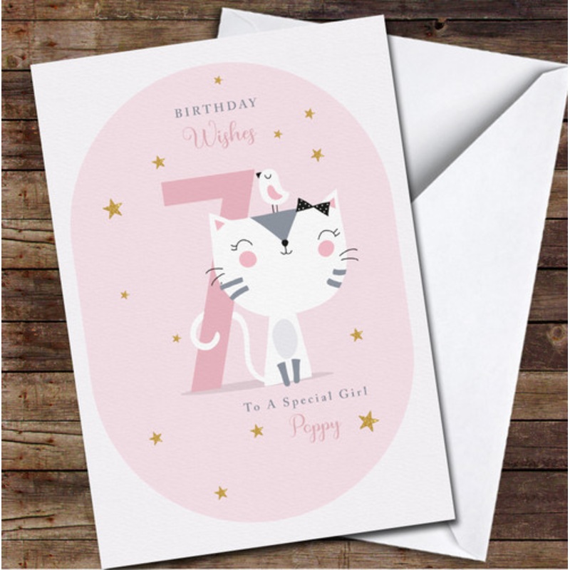 7th Girl Cute Cat With Bird Any Age Personalised Birthday Card – The Card Zoo