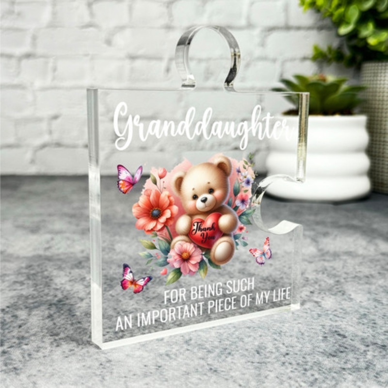 Gift For Granddaughter Cute Floral Teddy Bear Heart Puzzle Piece Keepsake Plaque – The Card Zoo