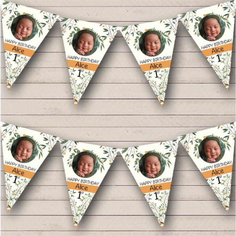 Green Orange Floral 1st Birthday Photo Banner Personalised Party Banner Bunting – The Card Zoo