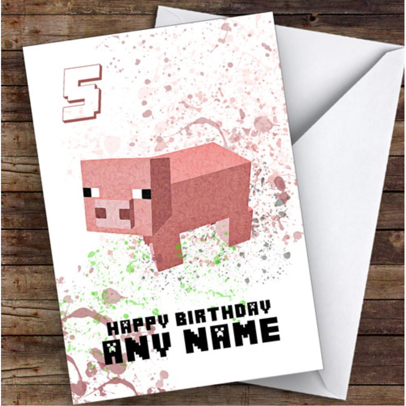Minecraft Pig Splatter Art Children’s Kids Personalised Birthday Card – The Card Zoo