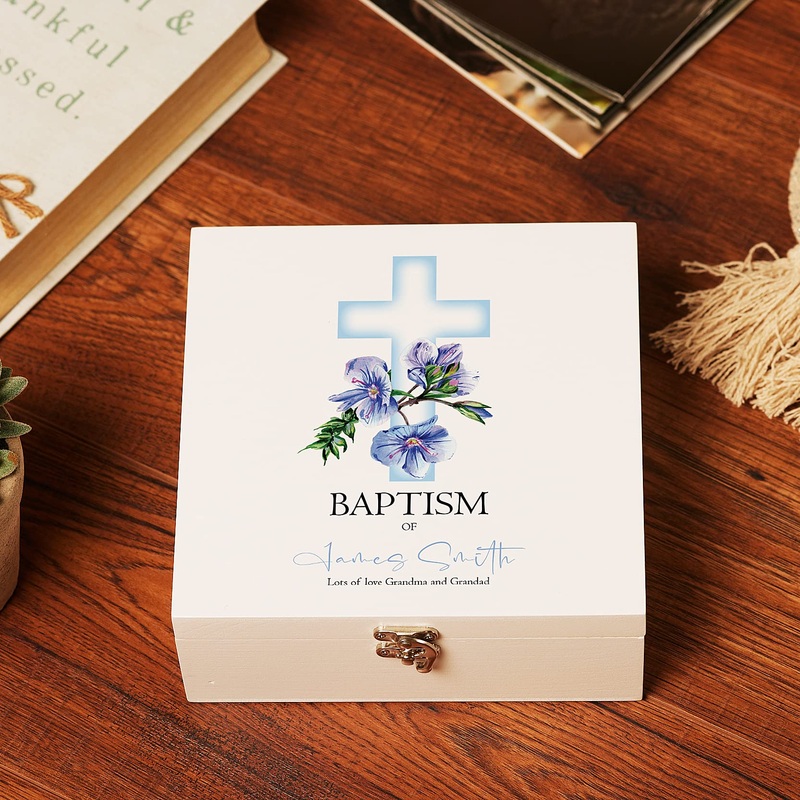 Personalised Baptism Day Wooden Keepsake Memory Box With Blue Cross