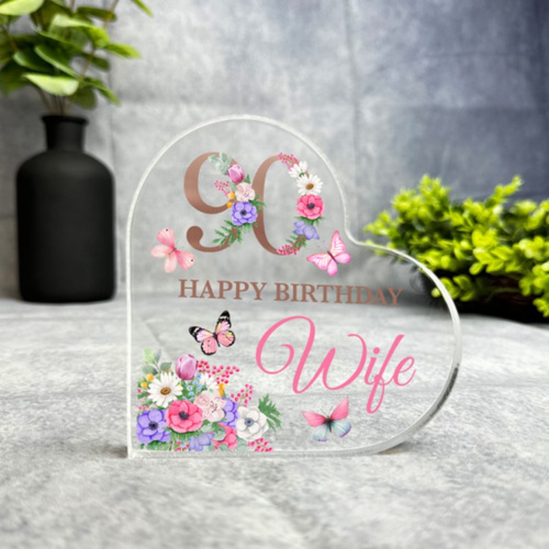 Wife 90th Pink Purple Floral Happy Birthday Present Heart Plaque Keepsake Gift – The Card Zoo