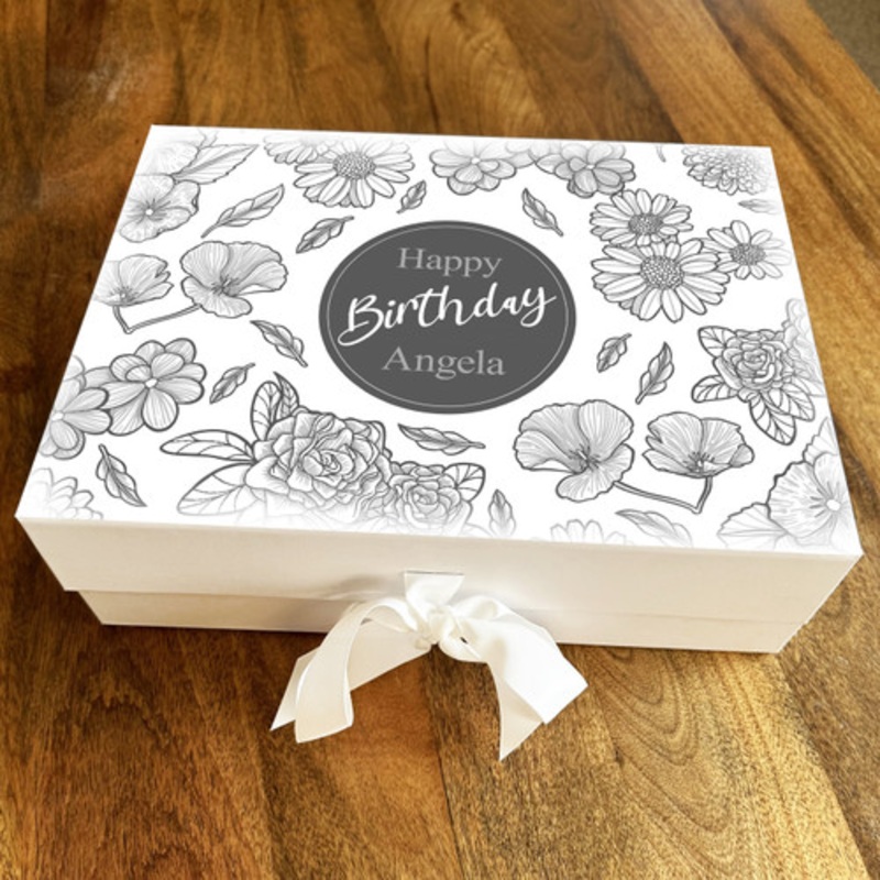 Black and White Doodle Floral Happy Birthday Personalised Hamper Gift Box – The Card Zoo